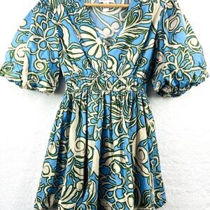 Floral Puff Sleeve Dress in Blue and Green